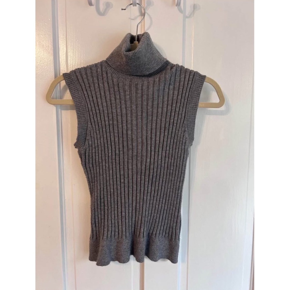 Elle Womens Sleeveless Turtleneck Sweater Heather Gray Ribbed Knit Top XS